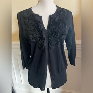 Black, Open “V” Neck, 3/4 Sleeve Button front Cardigan with Black Floral Trim.